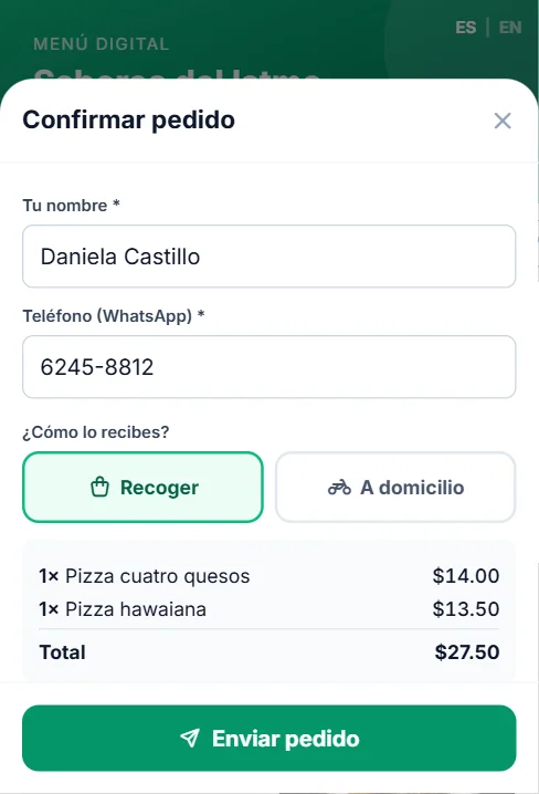 Menú digital para pedir desde WhatsApp o QR