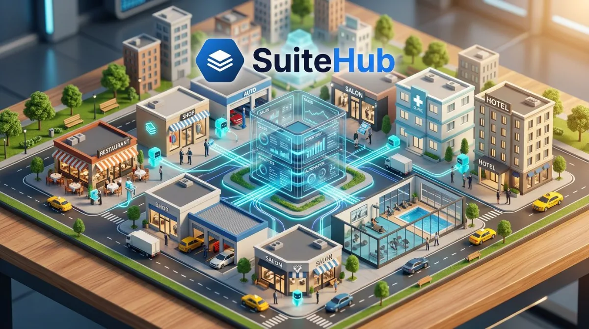 Ilustración de una manzana de negocios (restaurante, tienda, taller, salón, clínica, gimnasio y hotel) conectados al sistema SuiteHub
