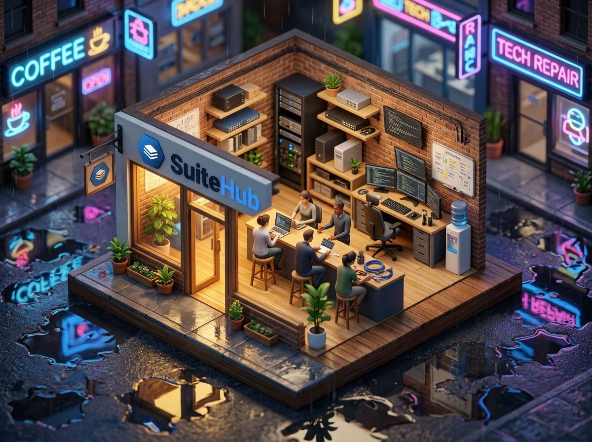 Ilustración de la oficina de SuiteHub con el equipo trabajando